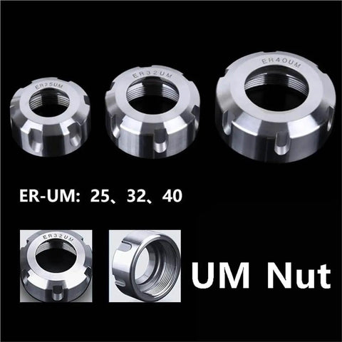Solid Clamping Collet Nut 1Pc UM Type ER25 ER32 ER40 Chuck For CNC Lathe Mill Router Bit Holder 2 Inch showing different sizes.