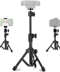 Extendable Webcam Tripod Stand For Desk Mount shown holding webcam, smartphone, and camera, sturdy metal frame, non-slip base