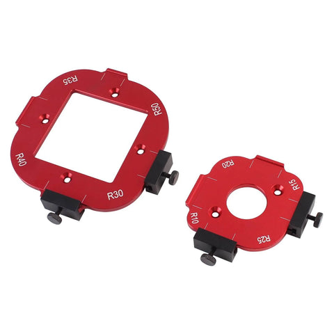 Two Pack Aluminum Router Corner Radius Template Set R10 To R50 CNC Machined Pro Grade Arc Guide for woodworking, front view.
