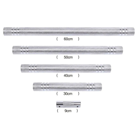Set of five silver bars in different lengths for Beefed Up Barbell Connector And Dumbbell Connecting Rod For Home Gym Use Steel Tube Construction.