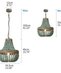 Wood Bead Chandelier Pendant Lights In Gray Blue Finish with adjustable chain, 13.6 inch round, 15.7 inch high, rustic kitchen lamp.