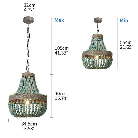 Wood Bead Chandelier Pendant Lights In Gray Blue Finish with adjustable chain, 13.6 inch round, 15.7 inch high, rustic kitchen lamp.