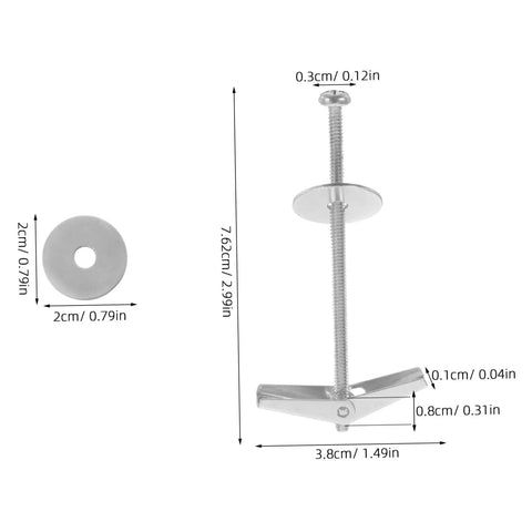 15-Piece Heavy Duty Toggle Bolts And Wing Nuts Kit showing dimensions of carbon steel anchors and butterfly screws
