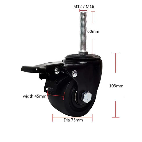 Beefy 4 Pack Nylon Swivel Caster Wheels 3 Inch With 360 Degree Rotation Heavy Duty 250KG Per Wheel M12 M16 Thread Stem Dual Locking Ball Bearing Turntable For Smooth Mobility, side view with 75mm wheel