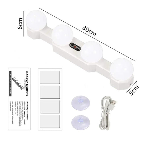 Cordless Rechargeable LED Vanity Mirror Light With 6500K Daylight Bulbs for Bathroom Makeup and Dressing Tables shown with parts.