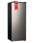 Massive Seven Point Zero Cubic Foot Upright Deep Freezer Heavy Duty Stand Up Cold Storage Workhorse For Bulk Meats Frozen Groceries And Emergency Gear in sleek black and silver design.