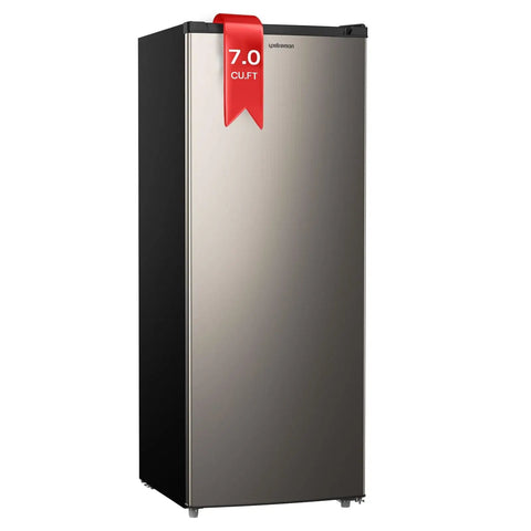 Massive Seven Point Zero Cubic Foot Upright Deep Freezer Heavy Duty Stand Up Cold Storage Workhorse For Bulk Meats Frozen Groceries And Emergency Gear in sleek black and silver design.