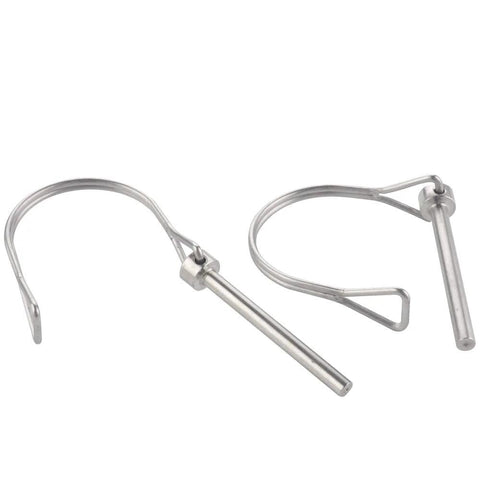 Two tiny safety coupler pins, 3/16 in x 1.97 in, marine-grade 316 stainless steel with curved wire retainers