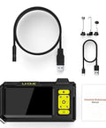 1080P HD Endoscope With Light 4.3 Inch IPS Display showing components, including cables, hooks, and 16.4 ft semi rigid cable