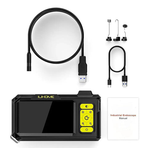 1080P HD Endoscope With Light 4.3 Inch IPS Display showing components, including cables, hooks, and 16.4 ft semi rigid cable