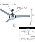 Treviento 52 Inch LED Indoor Ceiling Fan With Energy Efficient LED Light Kit Contemporary Satin Nickel Finish Downrod Mount diagram