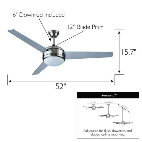 Treviento 52 Inch LED Indoor Ceiling Fan With Energy Efficient LED Light Kit Contemporary Satin Nickel Finish Downrod Mount diagram