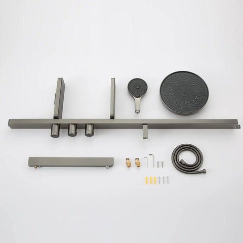 Top Tier Eight Inch Wall Mounted Rain Shower Faucet Set Gun Grey Finish Three Way Mixer Valve components displayed on white background