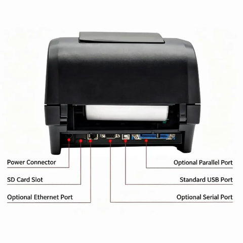 Back view of Heavy Duty Thermal Transfer Ribbon Printer With 104 Mm Wide Format Plug And Play Usb Port showing connection ports.