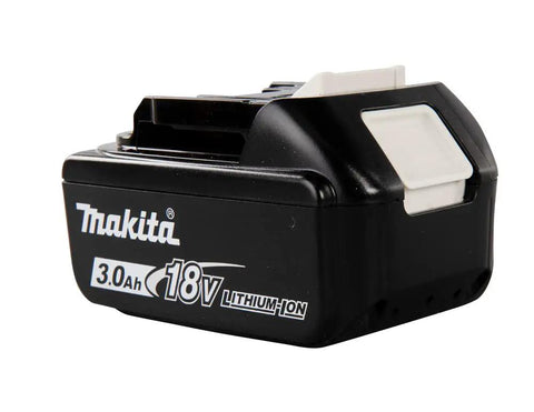 Close-up of an 18V LXT Lithium Ion 3.0Ah Battery, showing side view with power level indicator, black casing, and branding.