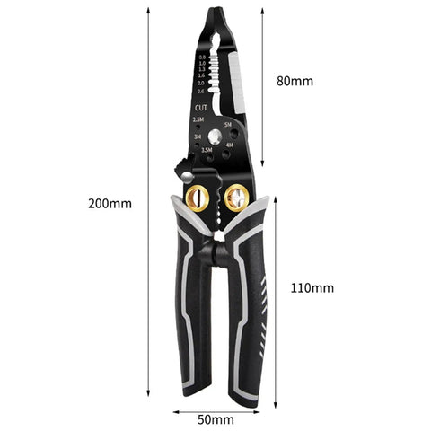 Slick Compact Wire Stripper And Crimping Pliers measuring 200mm long and 50mm wide, featuring tough nonslip grips.