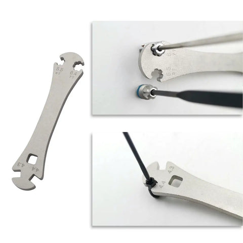 Three Piece Bicycle Spoke Wrench Kit For 12 13 14 15G Spokes, Rim Repair And Wheel Tension Tool showing wrench and usage