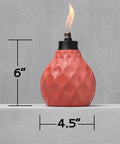 Decorative Glass Table Torch With Durable Fiberglass Wick And Metal Snuffer Creates Cozy Ambience For Dining Or Desk Decor Burns Up To Six Hours Per Fill A Thoughtful Holiday Gift For Family And Friends showing dimensions 6 inches high, 4.5 inches wide