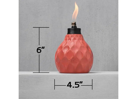 Decorative Glass Table Torch With Durable Fiberglass Wick And Metal Snuffer Creates Cozy Ambience For Dining Or Desk Decor Burns Up To Six Hours Per Fill A Thoughtful Holiday Gift For Family And Friends showing dimensions 6 inches high, 4.5 inches wide