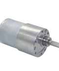 JGB37 Badass Torque DC Gearmotor With Legit Metal Gearbox Smooth 35 To 960 RPM Range side view with metal casing and shaft.