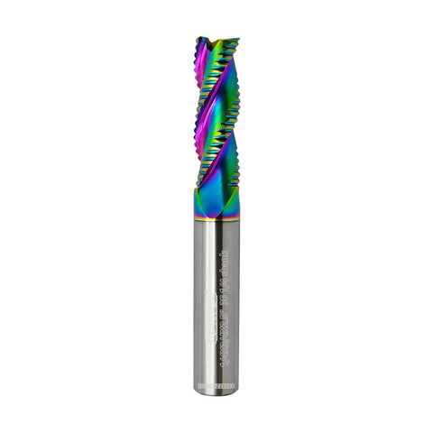 Roughing End Mill With DLC Diamond Like Coating Carbide Milling Cutter For Aluminum Copper Magnesium Alloys And Composite Materials, 3 Flute, 1 Quarter Inch Shank, High Efficiency Milling Tool For Metalworking showcased against a plain white background