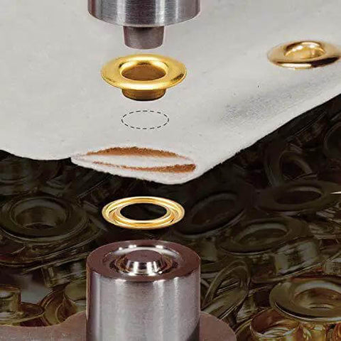 Installation of grommet using press tool on fabric; demonstrates usage of 00GNWBDBC1440 Sheet Metal Grommet And Neck Washer Set in panels.