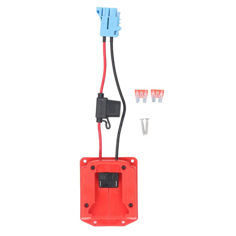 18V Battery Adapter For Peg Perego Ride On Toys With 48 11 1828 M18 Wheel Adapter and wiring harness connector in blue
