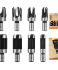 Premium Eight Piece Wood Plug Cutter Set Featuring Four Straight And Tapered Cork Drill Bits Heavy Duty Carbon Steel Gear for DIY