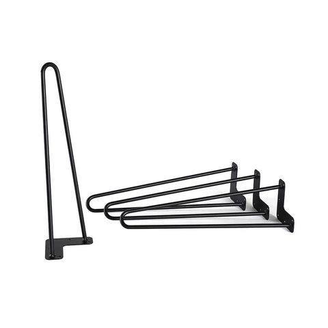 Set of 4 Satin Black Hairpin Coffee Table Legs with floor protectors and screws, heavy duty steel construction, modern sleek design.