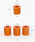 Set Of Four Heavy Duty Silicone Bed Mounts For Ender 3 Printers showing orange mounts with sizes labeled, heat resistant and durable design.