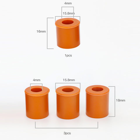Set Of Four Heavy Duty Silicone Bed Mounts For Ender 3 Printers showing orange mounts with sizes labeled, heat resistant and durable design.