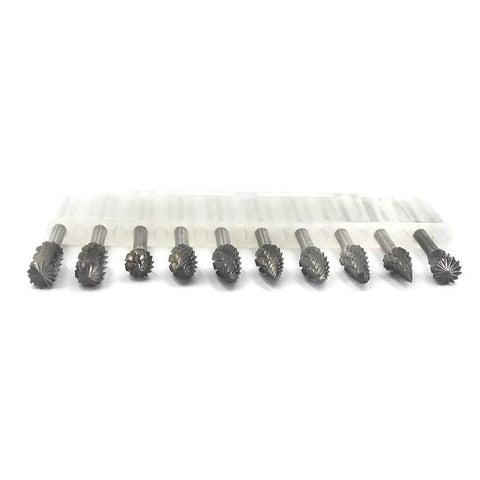 Front view of YUFUTOL 10-piece double-cut carbide burr set with 3mm shank for die grinder