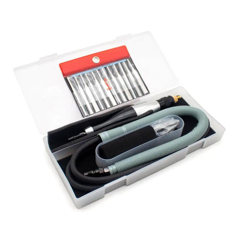 Heavy Duty Pneumatic Ultrasonic Grinding Machine And Air Die Grinder Polisher Boasting Aluminum Housing and Rock Solid Reciprocating Air Drive in a kit with attachments.