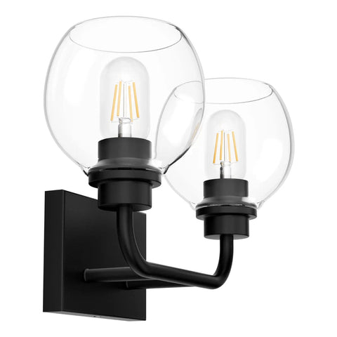 Two Light Industrial Vanity Light Fixtures Over Mirror In Matte Black With Clear Glass Globe Vintage Farmhouse Wall Sconces
