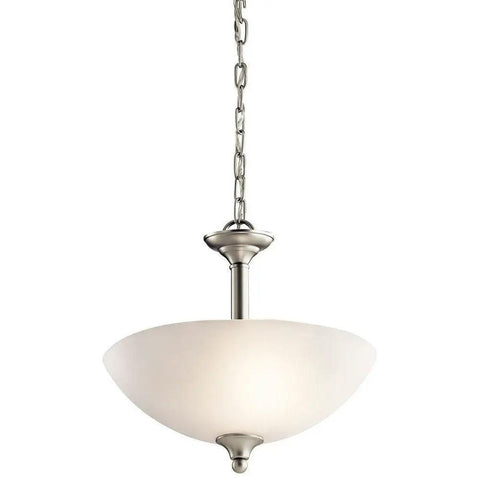 15 Inch Two Light Convertible Inverted Pendant And Semi Flush Light with satin etched glass in brushed nickel finish