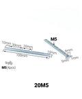 Diagram of Four Piece V Slot T Slot 180 Degree Inline Connectors with M5 hardware, showcasing dimensions and profile connections.