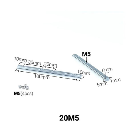 Diagram of Four Piece V Slot T Slot 180 Degree Inline Connectors with M5 hardware, showcasing dimensions and profile connections.