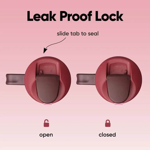 Leak-proof lid mechanism for FreeSip Insulated Stainless Steel Tumbler With Built In Straw 40oz Side Handle BPA Free Bottle in Black Cherry.