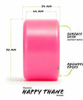 Side view of 90mm pink longboard wheel with dimensions, showing the Bee's Knees 90mm Longboard Wheels Built for Real-World Roads and Easy City Cruising Pink 83a Without Bearings Perfect for DIY Electric Skateboards and Eboards, Smooth Pushes, Sticky Grip, and Quiet Rolling.