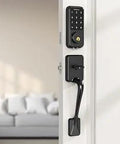 Side view of Touchscreen Keypad Smart Lock With WiFi Bluetooth And Alexa Compatibility For Exterior Doors Deadbolt Style Top Notch Keyless Entry