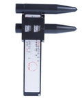 Two Piece Sprocket Bolt Gauge Set For Nailing Exact Dimensions Precision Gear Tooth Checker And Diameter Measuring Wheel, top view, compact black design.