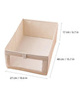 Heavy Duty Cotton Linen Foldable Storage Bins Stackable Closet Organizers showing dimensions 27x40x17 cm and soft beige color.