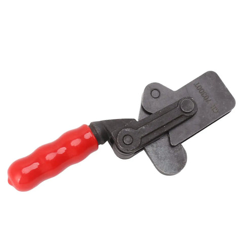 Heavy Duty Toggle Clamp With Arrow Storage Case For Boxes And Suitcases That Push Pull Fastens Easily So You Can Secure Gear Without Wasting Time On Complicated Latches Or Broken Hardware During Your Next Big Adventure Outdoors. red-handled metal toggle clamp, model GH 70300T
