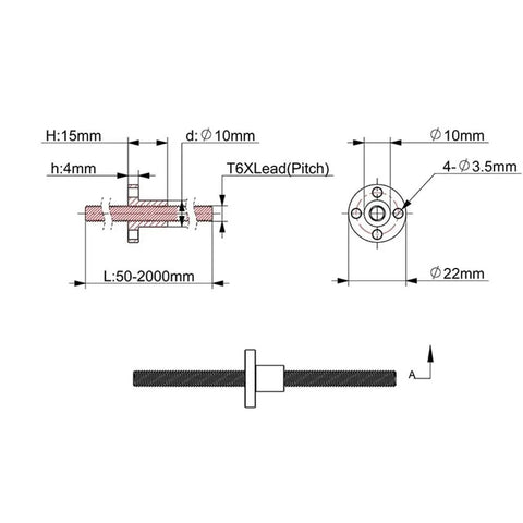Technical drawing of T6 Lead Screw With 6mm Trapezoidal Thread And Premium Brass Nut dimensions for CNC and 3D Printers.
