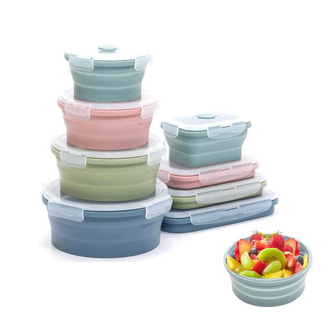 Indigo Collapsible Silicone Food Storage Container Set Of 8 BPA Free Microwave Safe Freezer Safe Stackable with fruit bowl