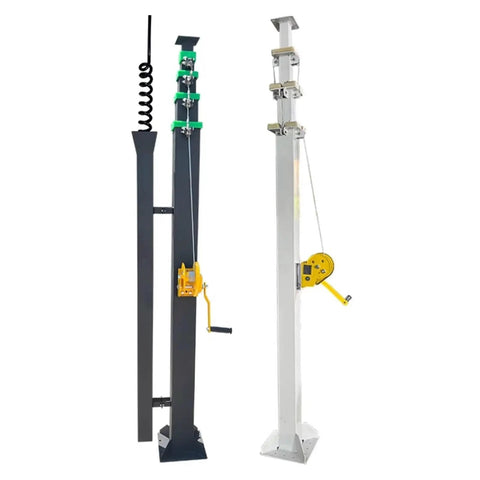 Heavy Duty Rock Solid Hand Crank Telescopic Lift Mast With Double Steel Wire Cable For Job Site Lighting And Gear Mounting Adjustable Modular Outdoor Work Pole, showing dual poles with hand crank mechanism.