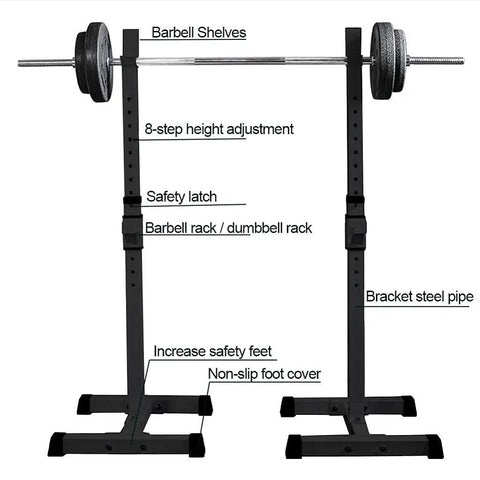 Crush Your Workouts With This Adjustable Squat Rack Bench Press Stand Built For Serious Home Gym Weightlifting And Full Body Strength Training Up To 441 Pounds Heavy Duty Steel Anti Skid Design For Men And Women, featuring safety latches and non-slip foot covers.