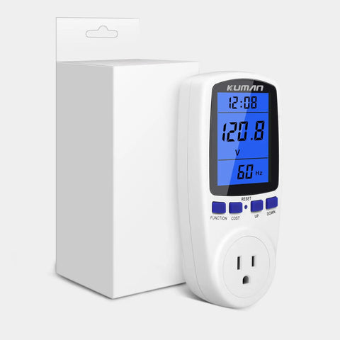 Smart Watt Meter For Home Use, Plug In Power Monitor, white device with display showing voltage and frequency readings, box included