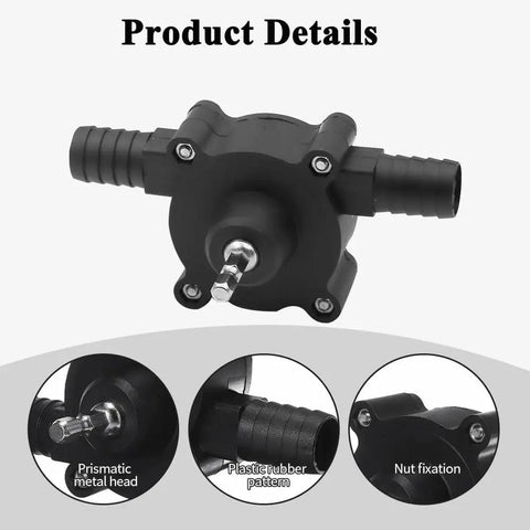 Drill Powered Water Transfer Pump Self Priming Portable Pump For Home Garage And Farm 30 To 40 Liters Per Minute Flow No Battery Required Quick Draining Water Transfer Tool, close-up of black plastic and metal connectors