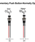 Illustration of Mini Prewired 7mm Black Momentary Push Button Switches 2 Pin SPST No NC On Off with ON/OFF positions.